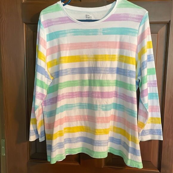 Kim Rogers perfectly Soft pastel color striped XXL 100% Cotton Tee Shirt NWOT - Picture 1 of 10